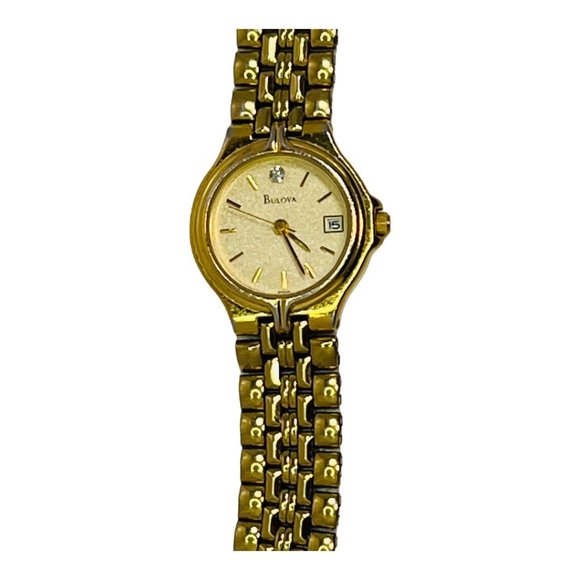 Vintage Bulova Women\'s Quartz Diamond Accent Gold Tone Ladies Analog Watch